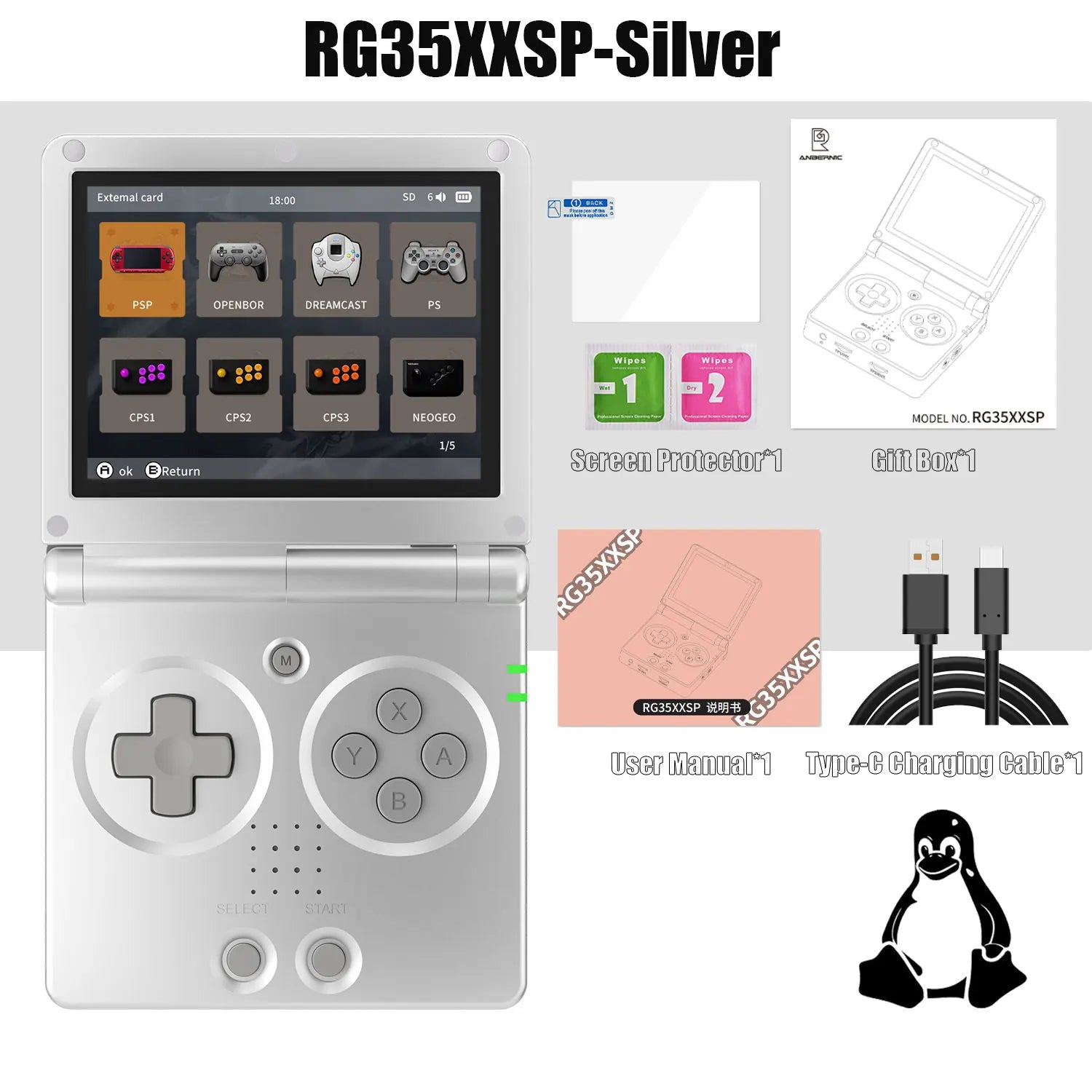 3.5-inch (8.9 cm) IPS Flip Handheld Retro Game Console – 64GB Storage, HDMI TV Output, 5,500+ Preloaded Games, Wi-Fi & Bluetooth