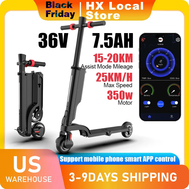 Foldable Adult Electric Scooter — 25 km/h (15.5 mph), 350W Motor, App Control, 7.5Ah Battery
