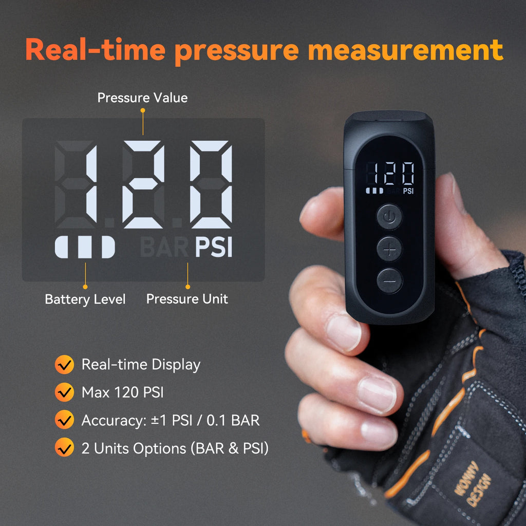 Mini Cordless Electric Bike Tire Inflator - Portable 120 PSI Pump with Digital Display & USB-C Fast Charge