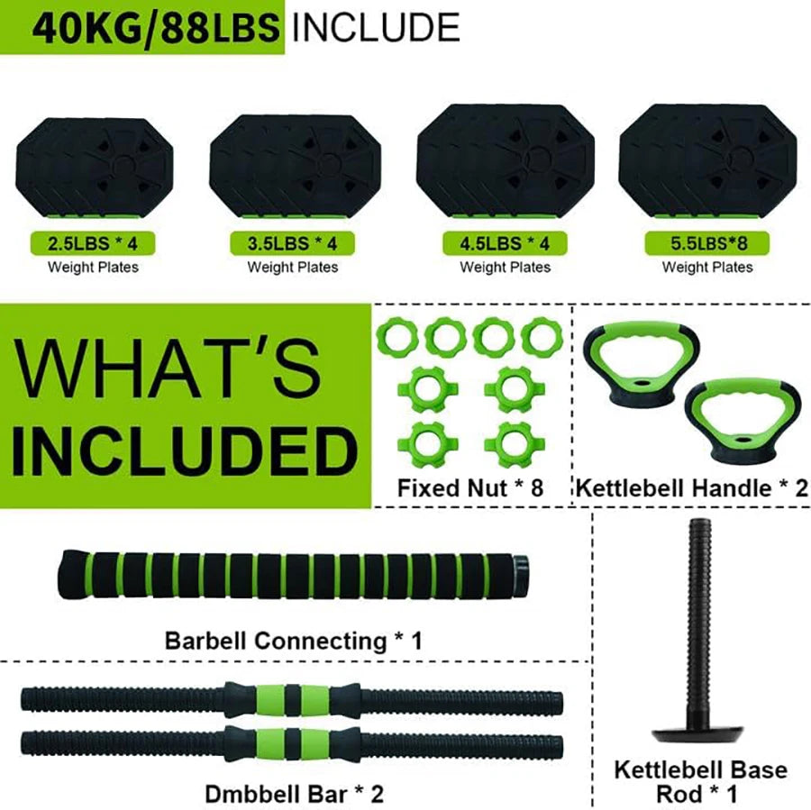 4-in-1 Adjustable Dumbbell Kettlebell Set – 66 lb (30 kg) or 88 lb (40 kg) Convertible Dumbbells to Barbell with Push-Up Handles for Home Gym