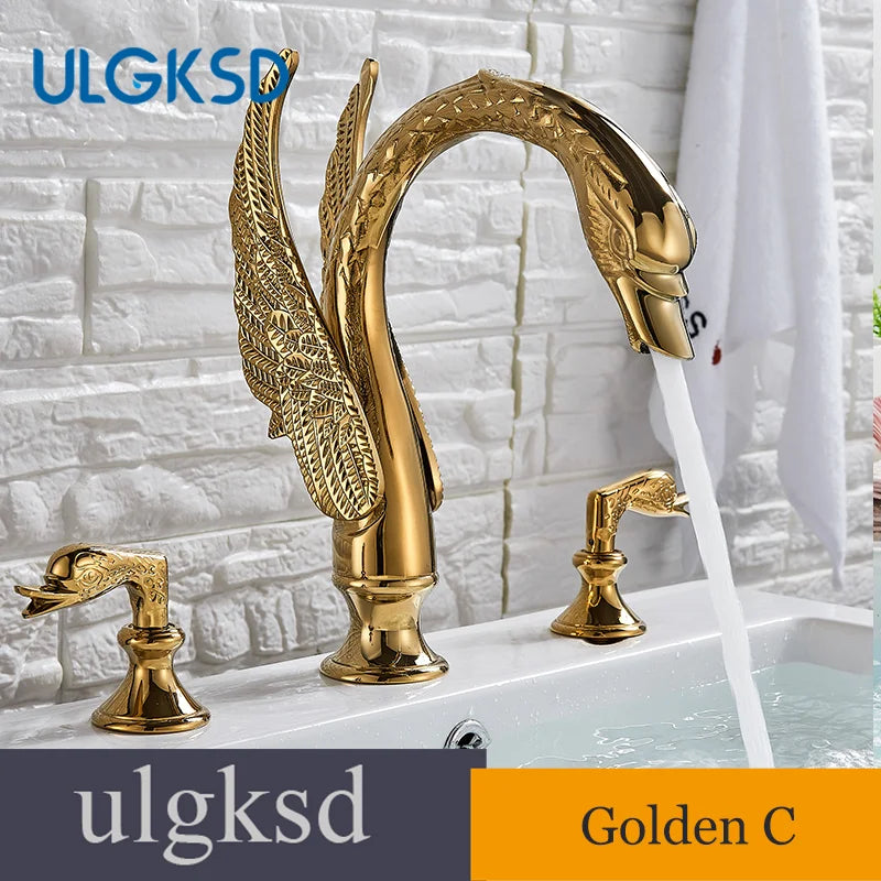 Golden Swan-Shaped Bathroom Faucet 3-Piece Basin & Tub Mixer with Dual Crystal Handles, Hot & Cold