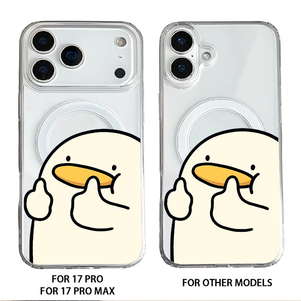 Cartoon Duck MagSafe-Compatible Clear Phone Case with Magnetic Leather Card Holder