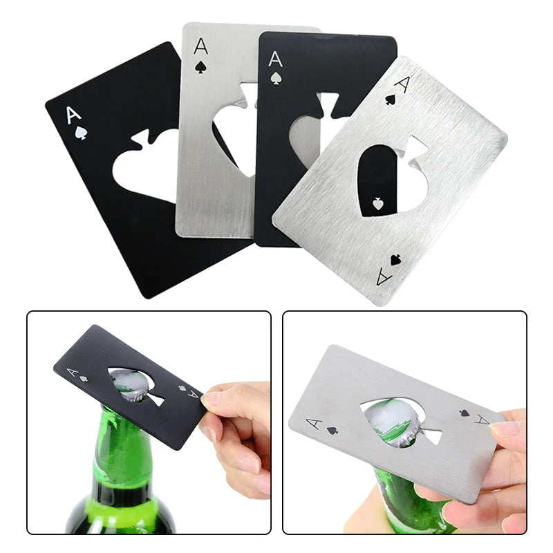 Poker-Shaped Credit Card Bottle Opener — Stainless Steel Wallet Size Beer & Can Opener (85 x 54 mm / 3.35 x 2.13 in) - Black/Silver