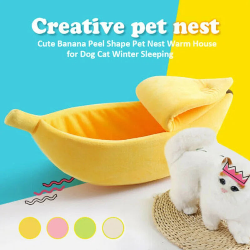 Banana-Shaped Plush Pet Bed – Cozy Cat & Small Dog House, Small (40×12×19 cm / 15.7×4.7×7.5 in) & Medium (51×14×20 cm / 20.1×5.5×7.9 in) – Yellow, Pink, Beige, Green