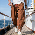 Men's Linen Ankle-Length Cropped Pants Elastic Waist Pleated Loose Beach Travel Casual Trousers