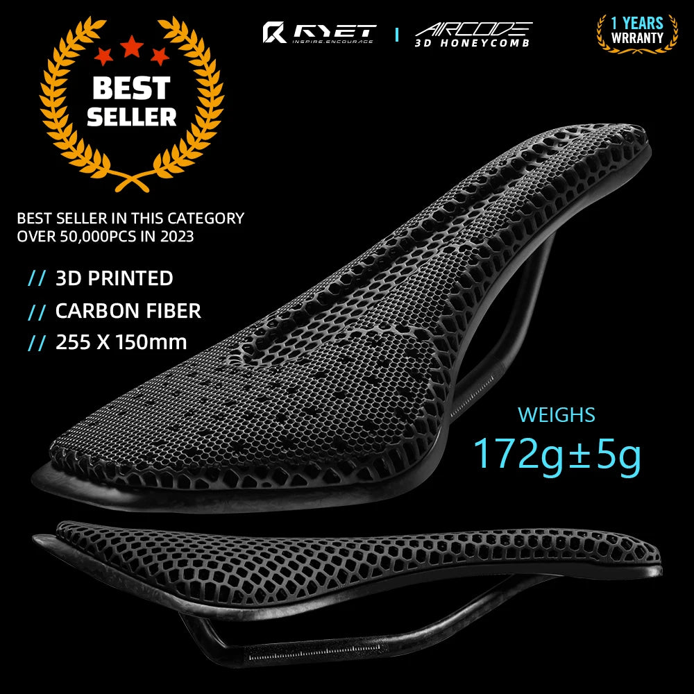 Full Carbon 3D-Printed Bike Saddle – Ultralight Breathable Honeycomb Road & MTB Seat
