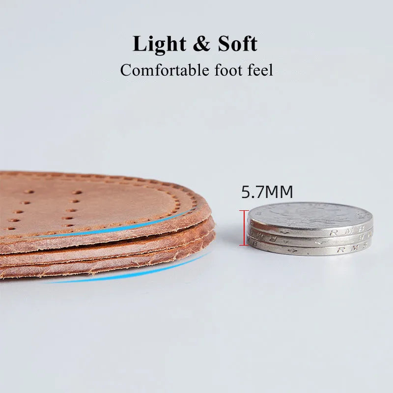 Genuine Cowhide Leather Insoles for Men - Breathable Anti-Slip Shock-Absorbing Shoe Inserts (EU35-46 / 225-280 mm)