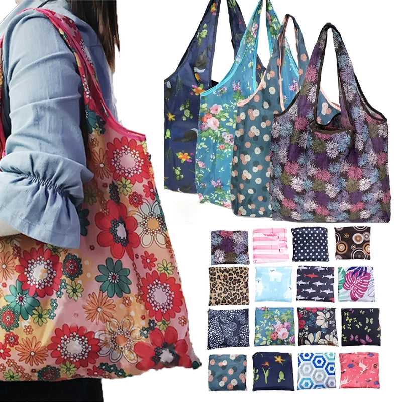 Foldable Reusable Grocery Tote Bag, Lemon Print Eco-Friendly Travel & Beach Pouch
