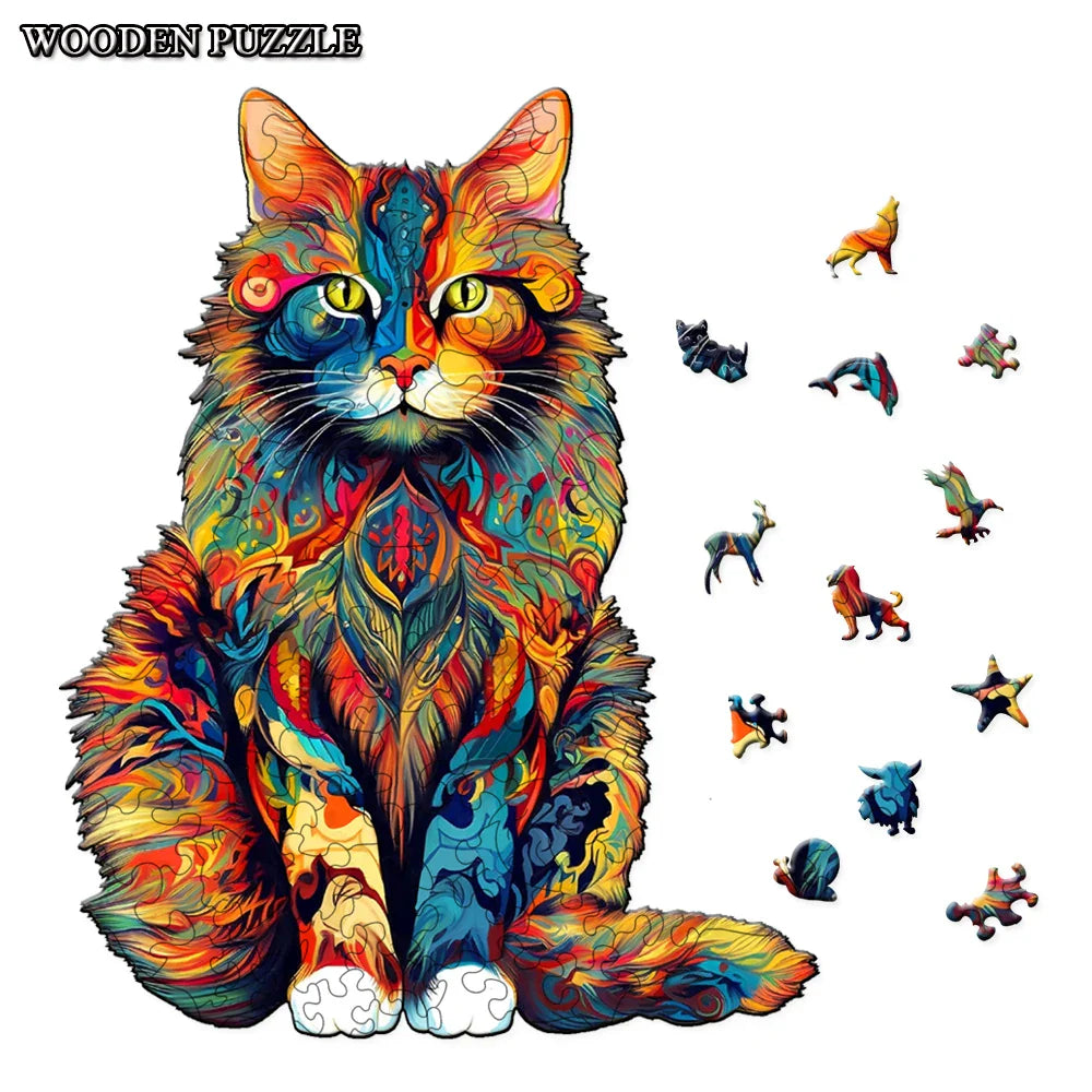 Color Changing Cat Wooden Puzzle - Irregular Animal Jigsaw, High-Difficulty Brain Teaser Toy