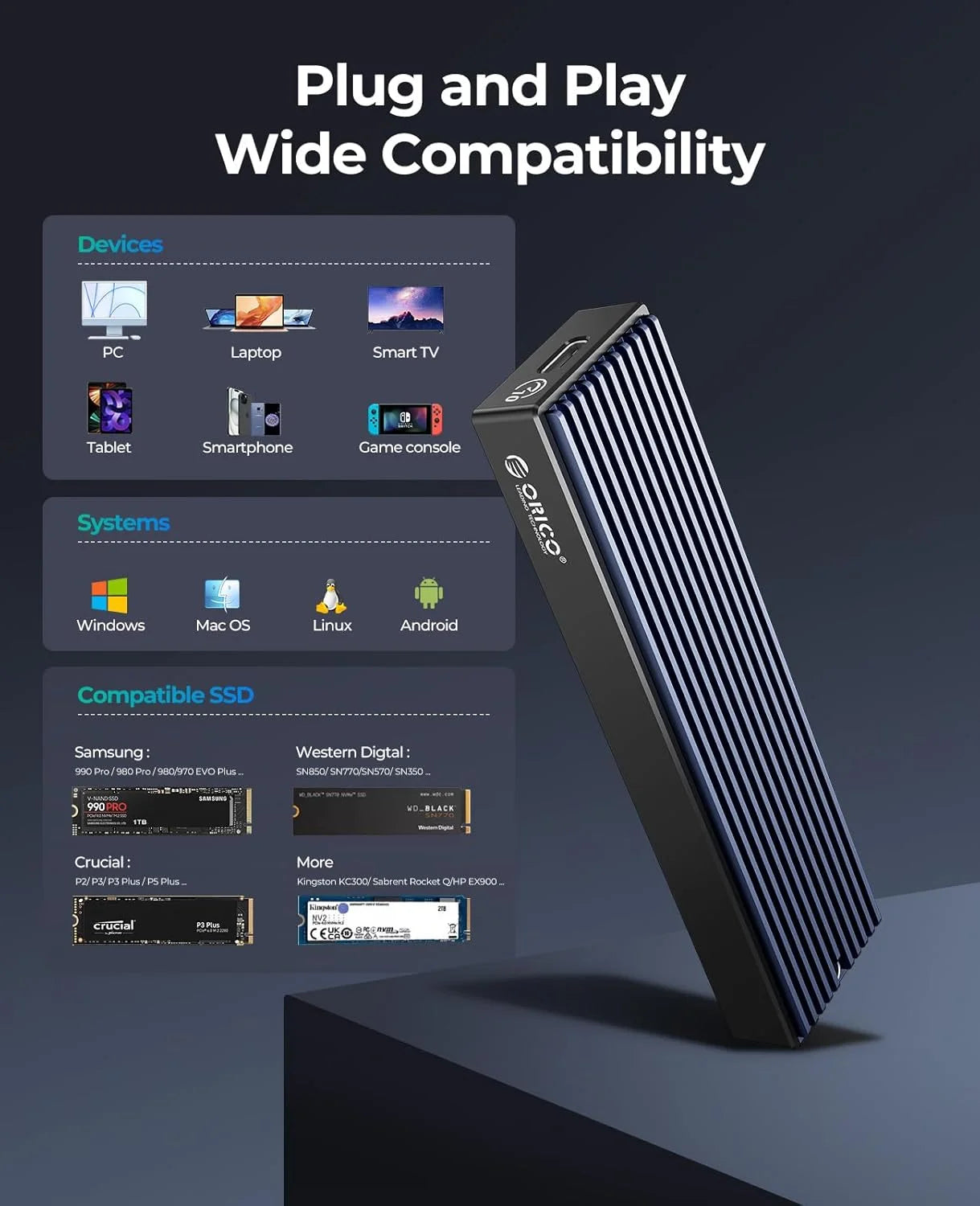 M.2 NVMe & SATA SSD Enclosure USB-C — Supports 2230/2242/2260/2280 | USB 3.2 Gen2 10Gbps / Gen2x2 20Gbps