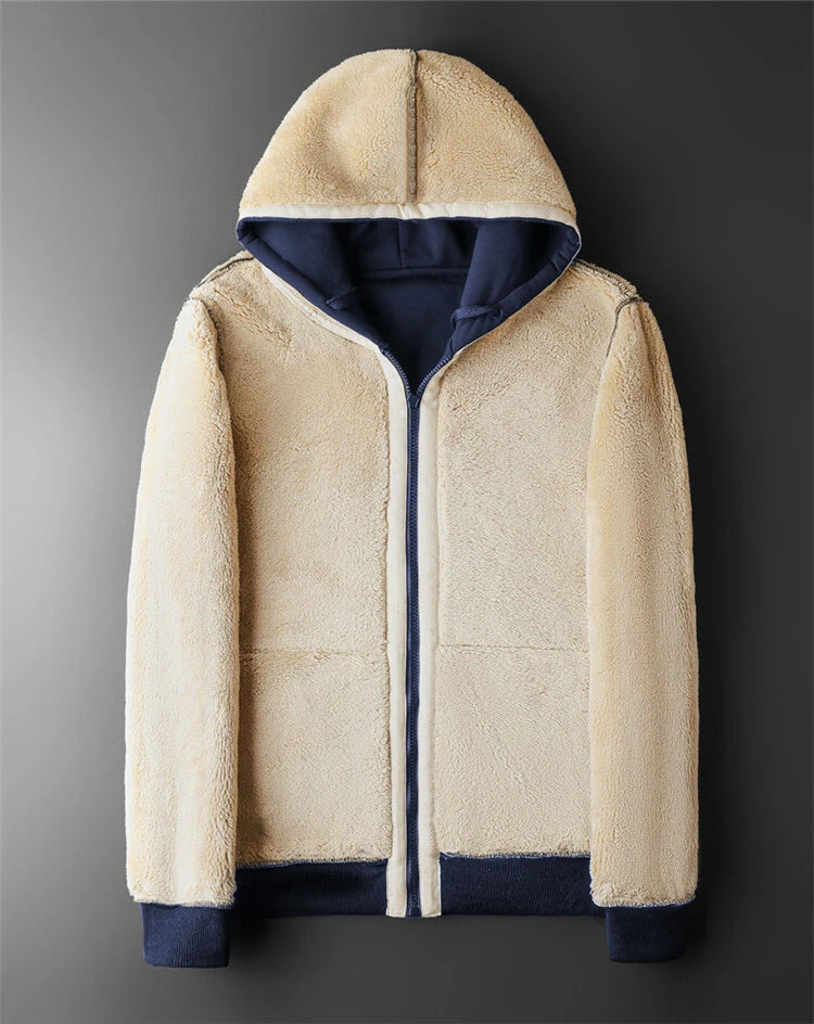 Lambswool-Lined Fleece Hooded Jacket – Thick Zip Winter Coat for Men & Women, Black
