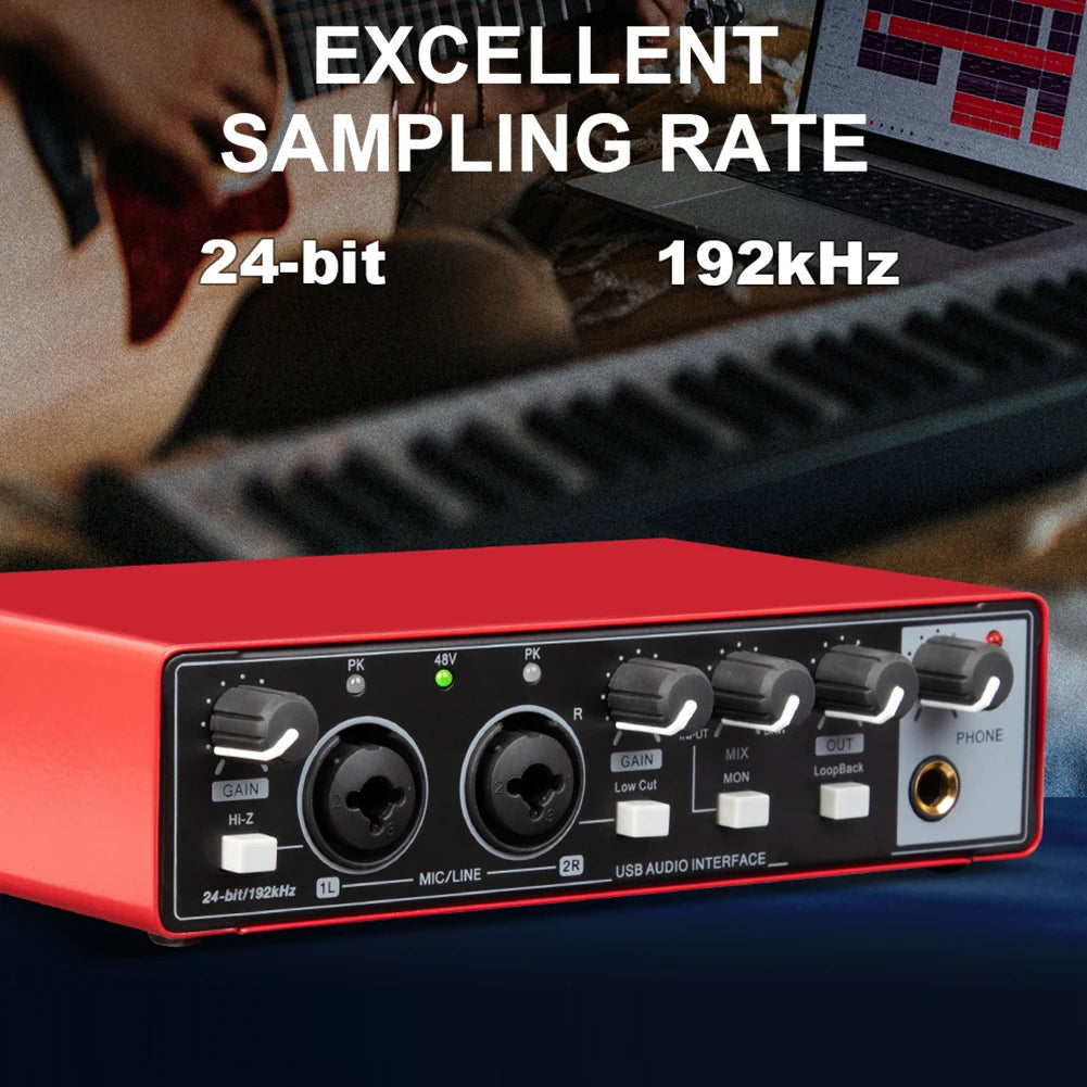 USB Audio Interface 48V Phantom Power 24-bit/192kHz — 2-in/2-out Portable Sound Card with Loopback & Zero-Latency Monitoring for Guitar and Vocal Recording