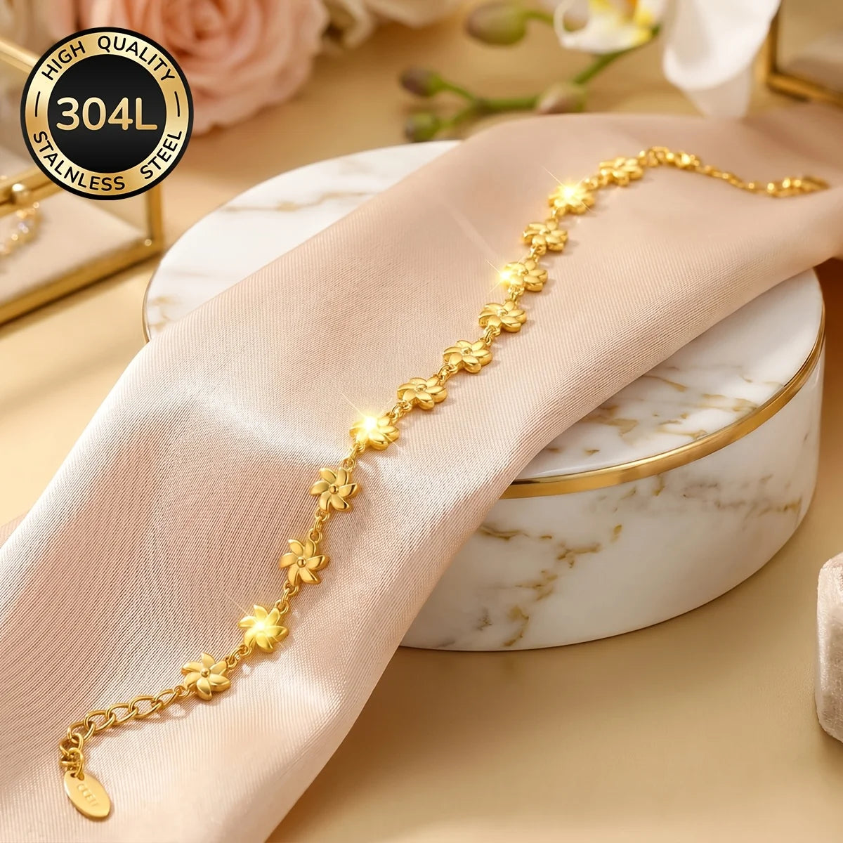304L Stainless Steel 18K Gold-Plated Bracelet for Women, Geometric Link Chain with Lobster Clasp — Elegant All-Season Jewelry Gift