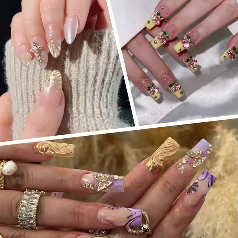 50-Pack Gold Alloy 3D Rhinestone Nail Charms – Cherry, Bow & Star Metal Nail Art Decorations for DIY Manicure