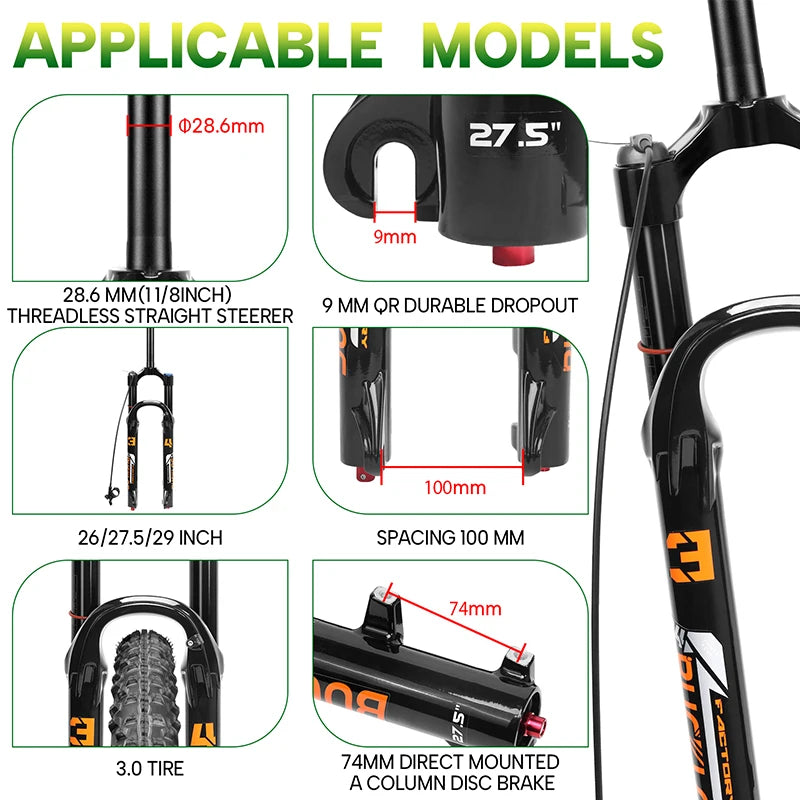 MTB Air Suspension Fork 140mm Travel (5.5in) - 26/27.5/29-inch Wheels - 9x100mm QR Axle - 34mm Stanchion, 28.6mm Steerer