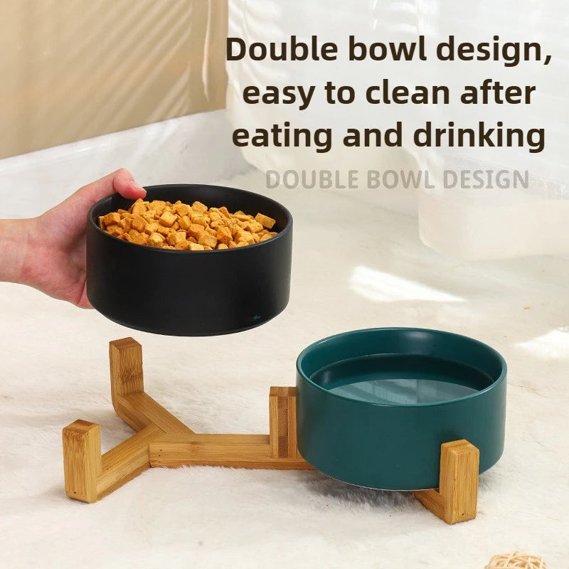 Elevated Ceramic Pet Bowl with Bamboo Wood Stand – 300ml (11cm/4.3 in) & 400ml (13cm/5.1 in) Dog & Cat Feeding Bowl
