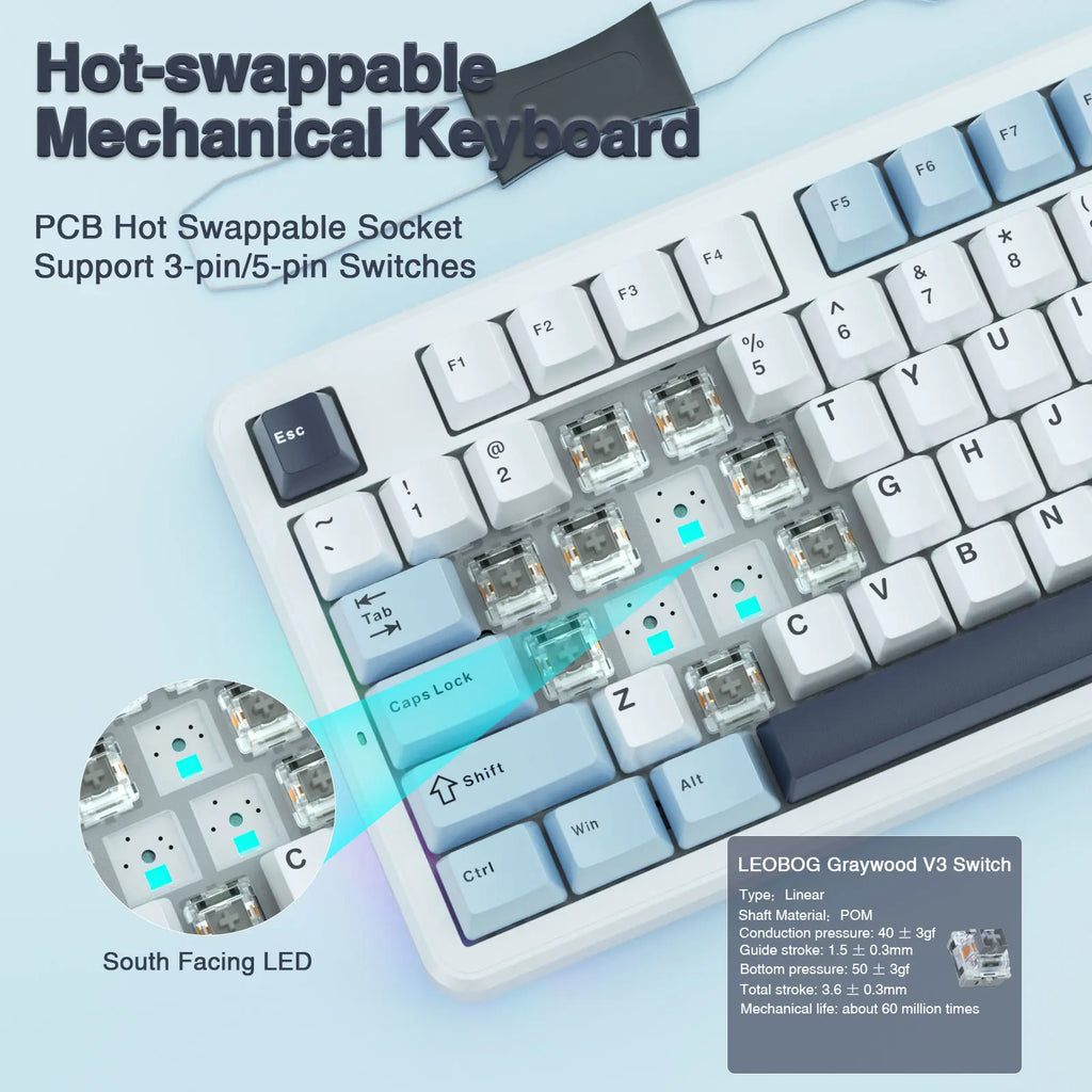 F87 Pro 87-Key 80% TKL Gasket Mechanical Keyboard — Hot-Swappable, Tri-Mode (Bluetooth/2.4G/Wired), RGB PBT Keycaps