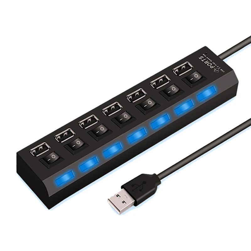 High-Speed USB 2.0 Hub — 4 or 7-Port USB Splitter with Individual On/Off Switches & LED Indicator for PC Laptop