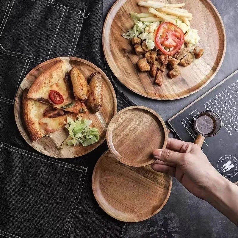 Acacia Wood Round Serving Platter Tray – 15/20/25 cm (6/7.9/9.8 in) Pizza Salad Dessert Plate