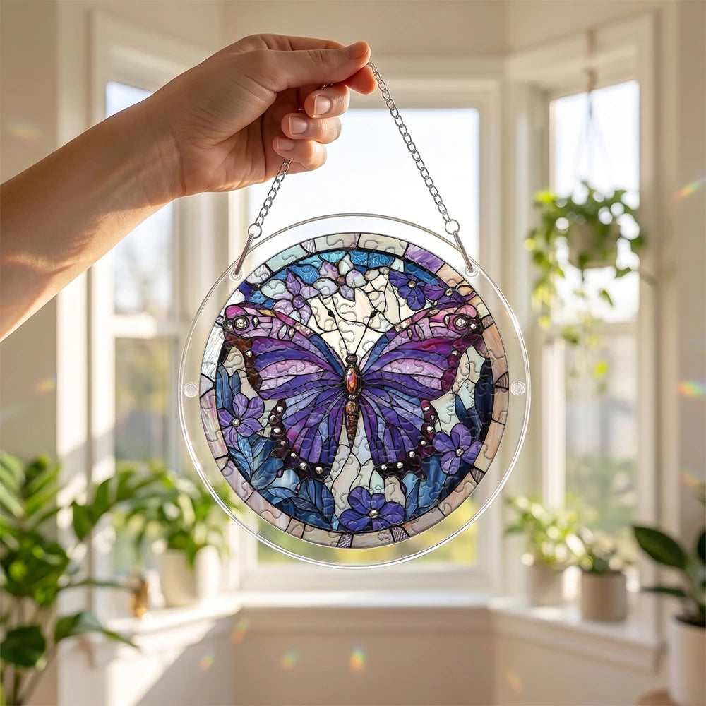 Stained Glass Butterfly Acrylic Puzzle Suncatcher - DIY Window Hanging Decor (18×18 cm / 7.1×7.1 in; 20×20 cm / 7.9×7.9 in)