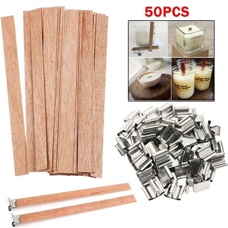 Flat Wooden Candle Wicks with Iron Stand and Base Holder – Wooden Wick Cores for DIY Candle Making