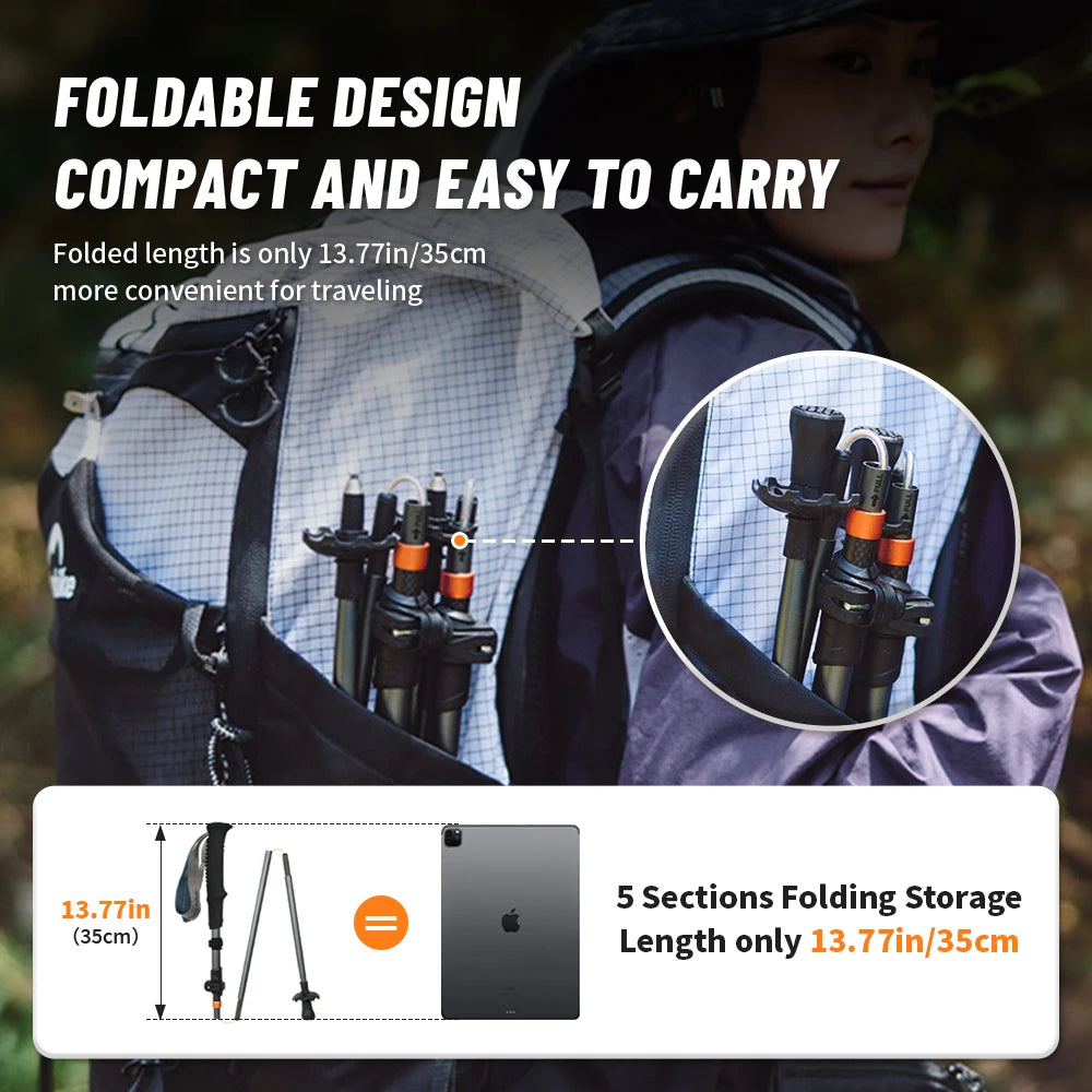 Ultralight Carbon Fiber 5-Section Folding Trekking Poles, Collapsible Quick-Lock Hiking Poles Adjustable 103–120 cm (40.6–47.2 in) or 115–135 cm (45.3–53.2 in)