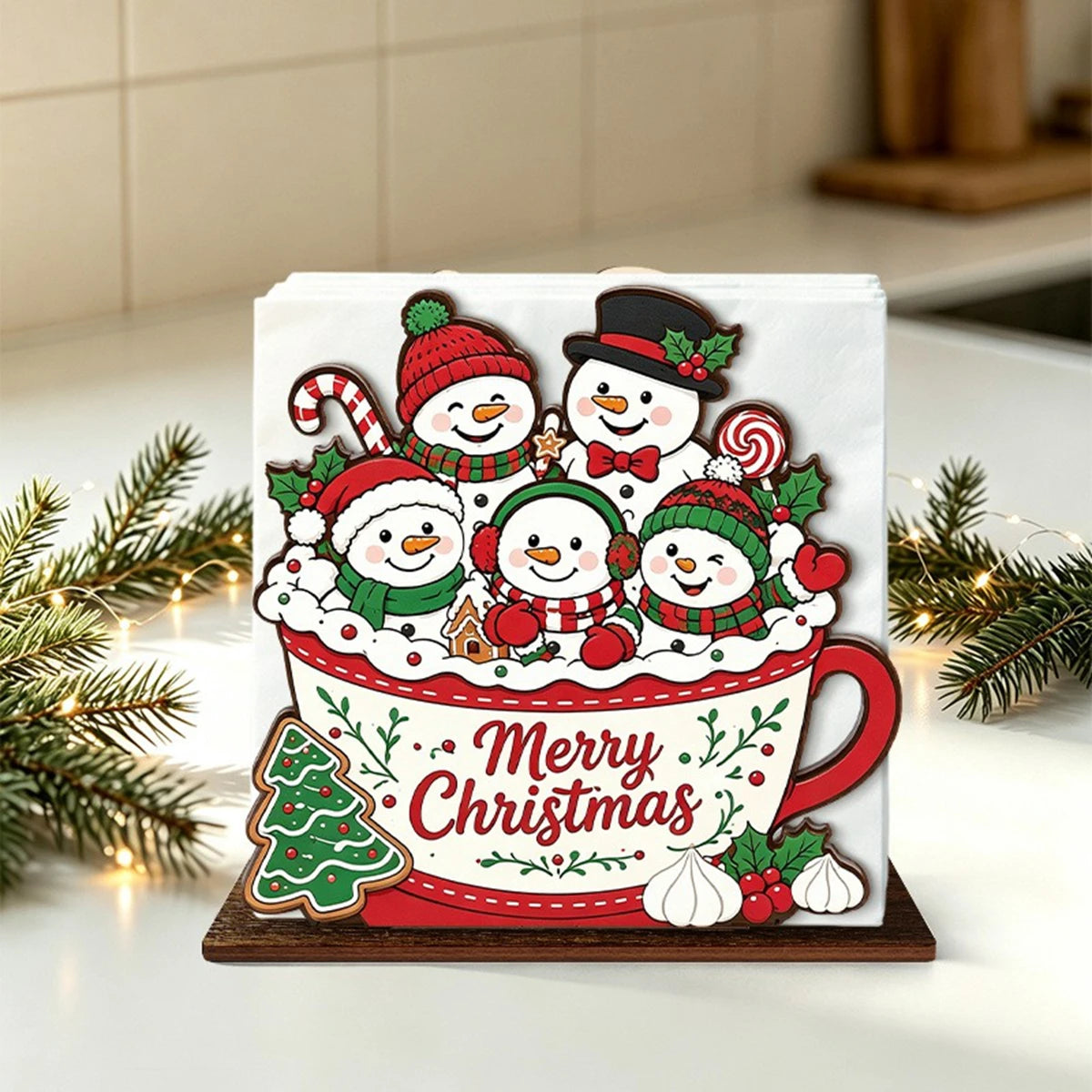 Santa Claus Wooden Napkin Holder - Holiday Tabletop Napkin & Tissue Holder, Christmas Dining Decor