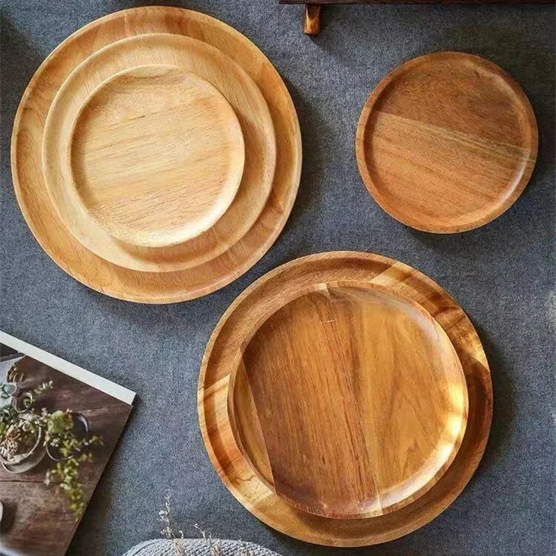Acacia Wood Round Serving Platter Tray – 15/20/25 cm (6/7.9/9.8 in) Pizza Salad Dessert Plate
