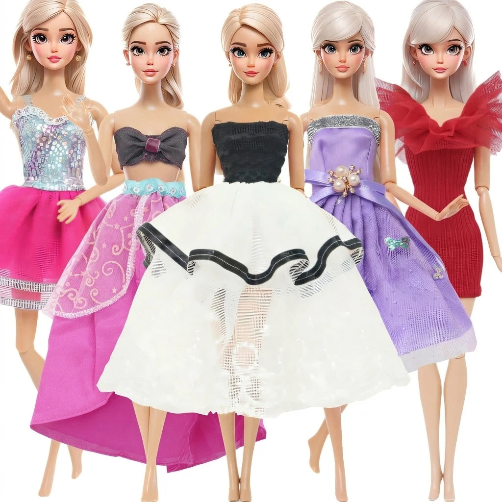 5-Pack Doll Clothes for 11.5–12 in (30 cm) 1/6 Scale Girl Dolls — Dresses, Skirts, Pants & Tops