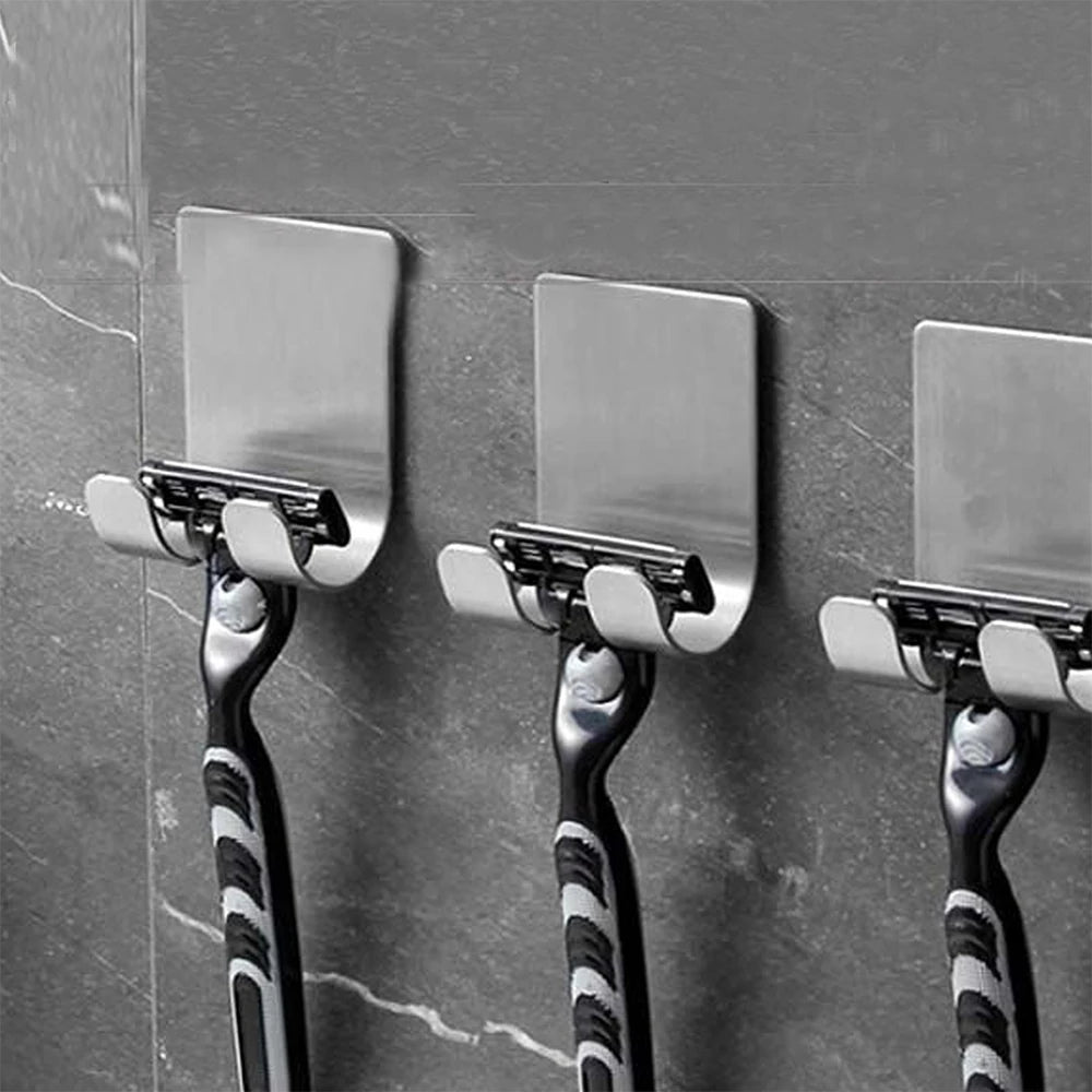Stainless Steel Self-Adhesive Razor Hook – Wall-Mount Shaver Holder with Double Hooks for Bathroom & Kitchen