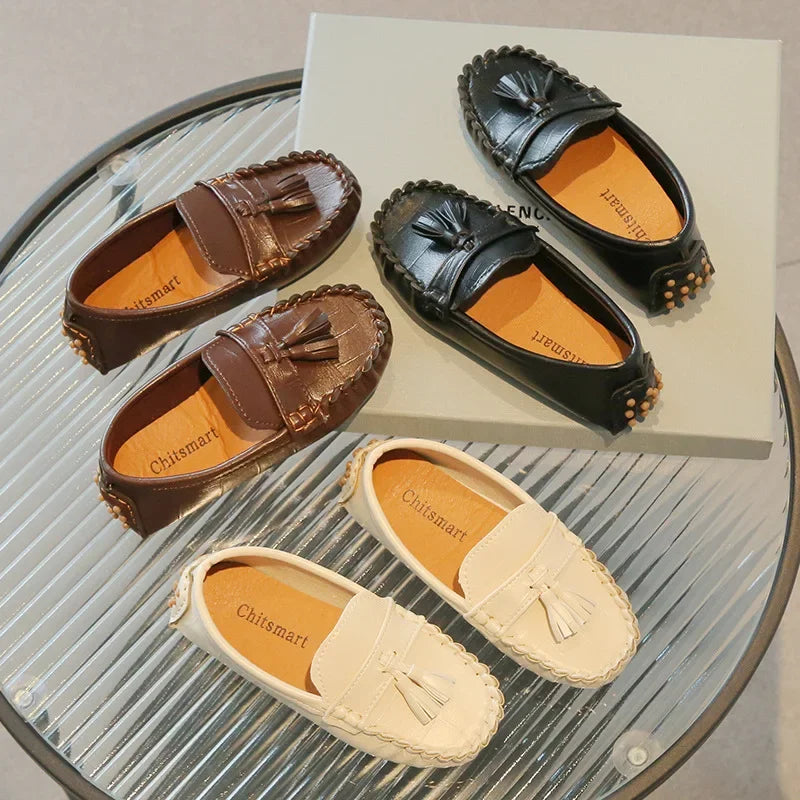 Kids Moccasin Loafers Slip-On Tassel Non-Slip PU Leather Flats for Boys and Girls (Ages 7-12)