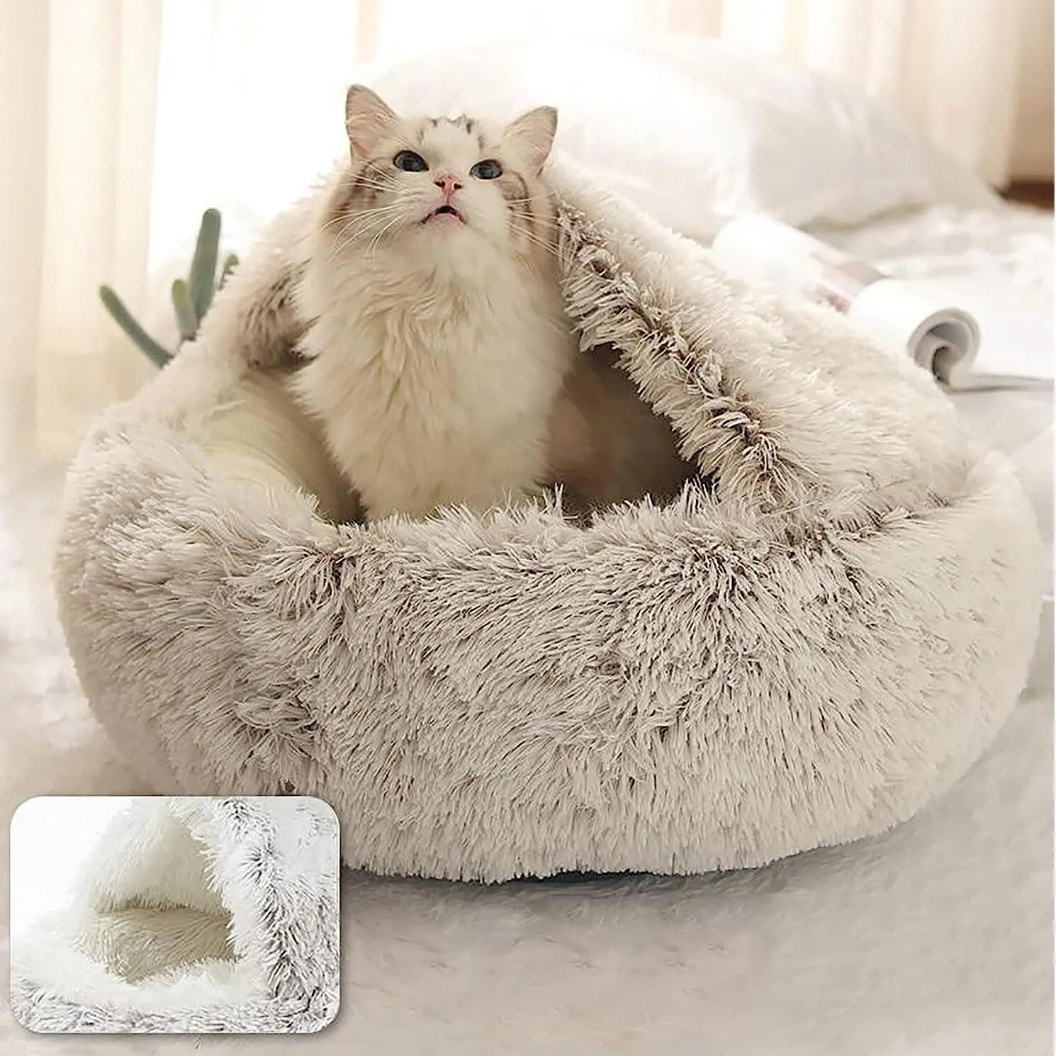 Plush Round Pet Bed with Removable Cover – Warm 2-in-1 Cat & Small Dog Nest (40cm/16in, 50cm/20in)