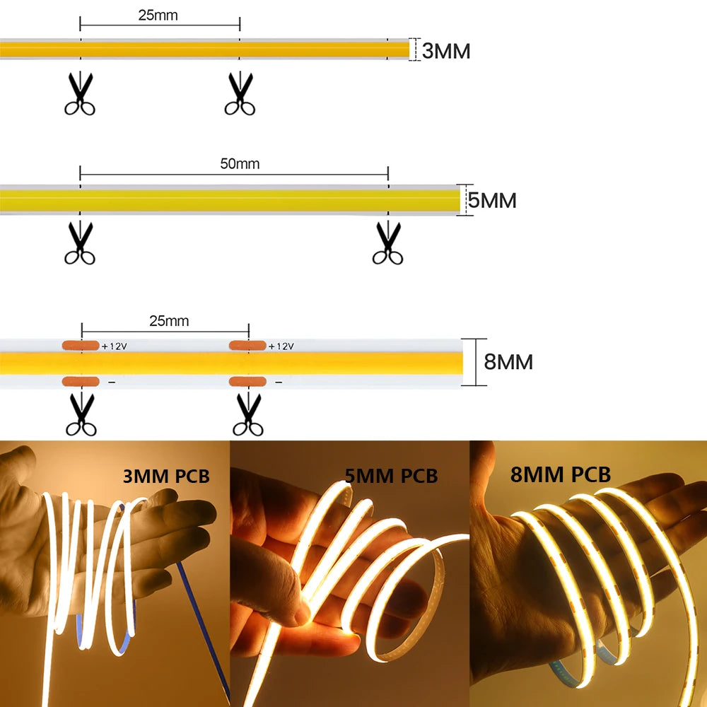COB LED Strip Light 320 LEDs/m – 3/5/8mm PCB (0.12/0.20/0.31in), 5V/12V/24V, Flexible Tape 0.5–5m (1.6–16.4 ft), Warm/Natural/Cool White + RGB