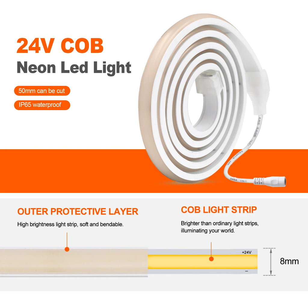 COB Neon LED Strip 12V/24V – 320 LEDs/m Waterproof Flexible Rope Light, 3000K/4000K/6000K, 0.5–20M (1.6–65.6 ft)