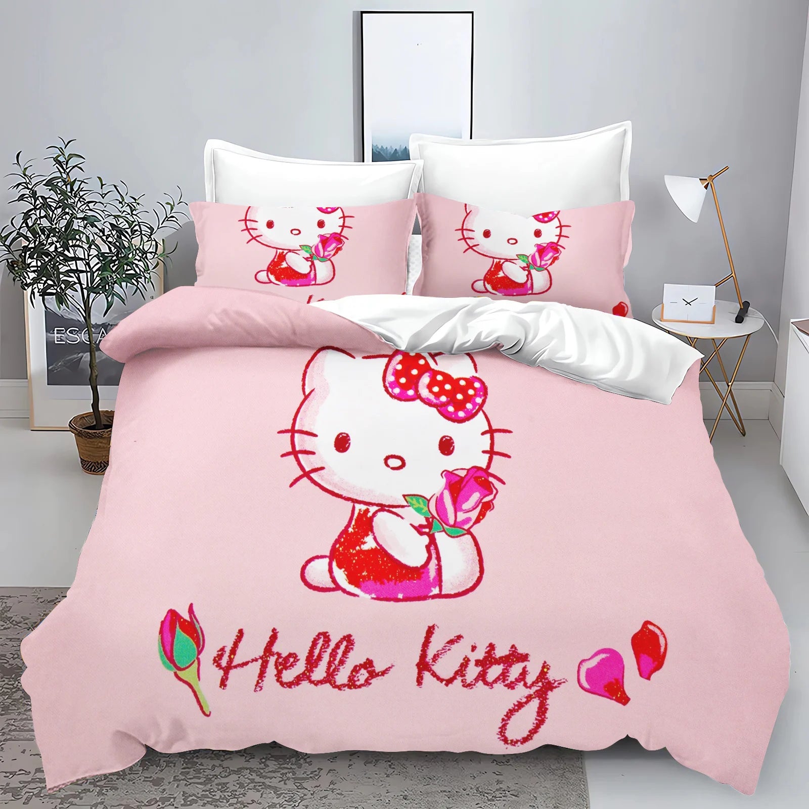 Hello Kitty Kids Bedding Set – 3-Piece Quilt Cover & 2 Pillowcases, 100% Polyester, Printed Cartoon, Multiple Sizes (Twin to King)