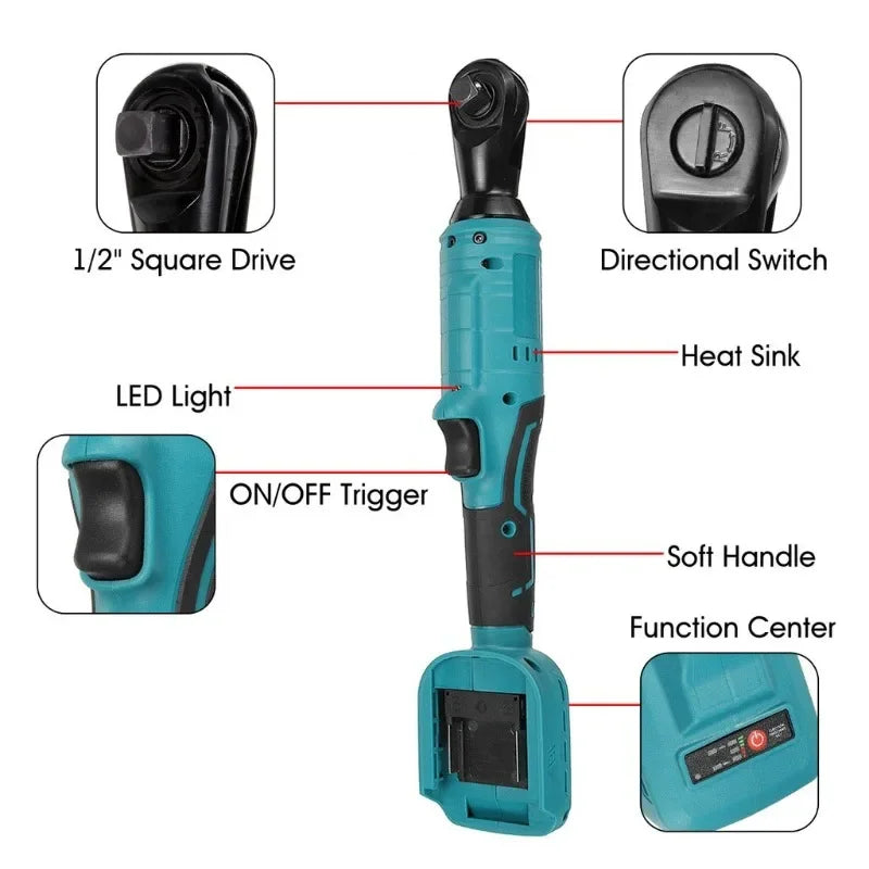 Brushless 1/2" (12.7 mm) Ratchet Impact Wrench Cordless 480 N·m, 18V Battery Compatible, Forward/Reverse