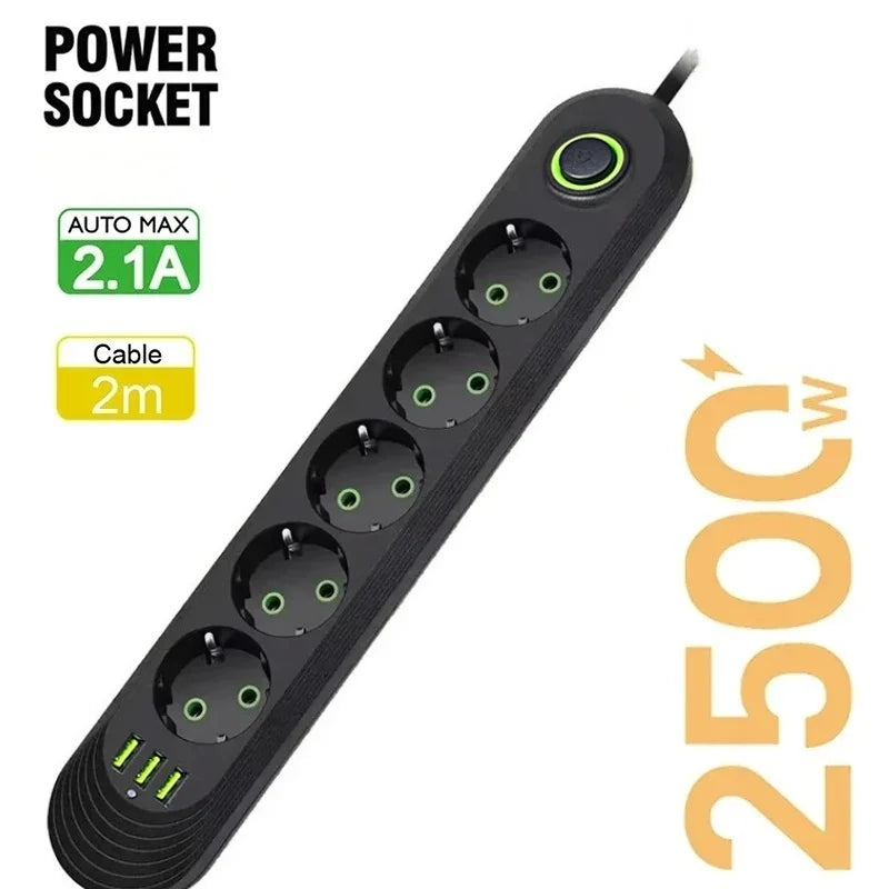 2500W EU Plug Power Strip, 5 Outlets & 3 USB Ports, Overload Protection with Master Switch