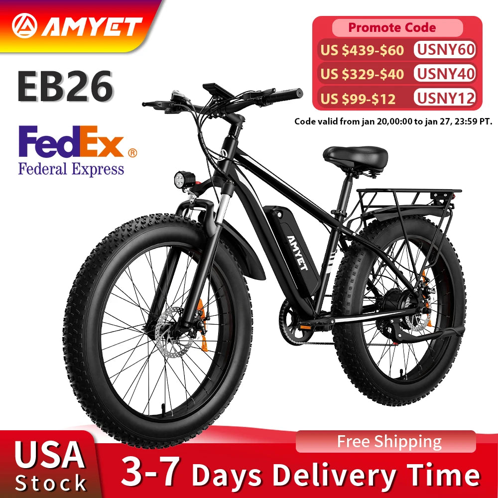 1000W 48V 15Ah Electric Fat Tire Mountain Bike — 26-inch x 4-inch (66×10 cm), Dual Suspension, 28 mph, Removable Battery, 330 lb Capacity