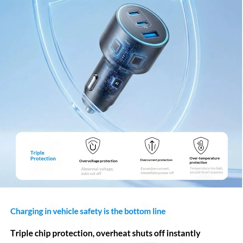 167.5W 3-Port Fast Car Charger — 2 USB-C PD + 1 USB-A QC3.0 High-Speed Car Adapter for Travel