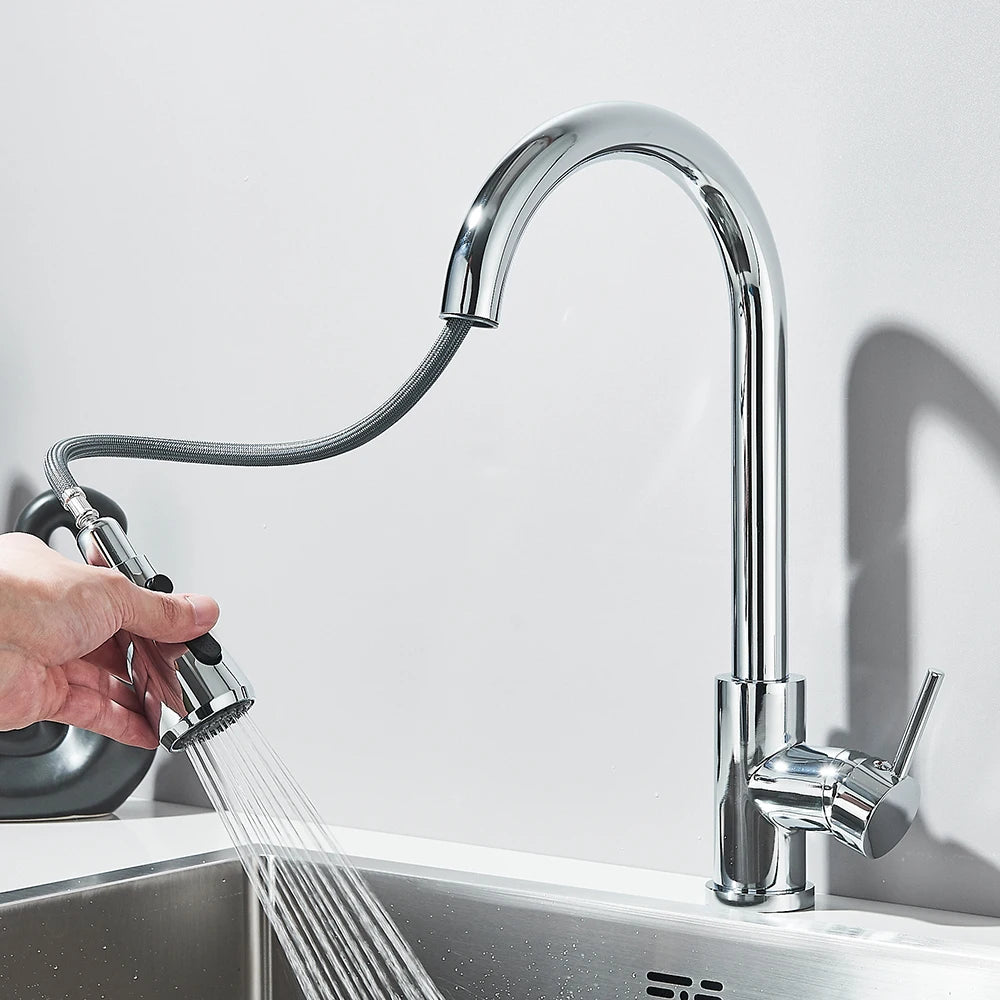Chrome Deck-Mounted Pull-Out Kitchen Faucet - Single-Handle Single-Hole Mixer Tap with Ceramic Valve & Stream Sprayer