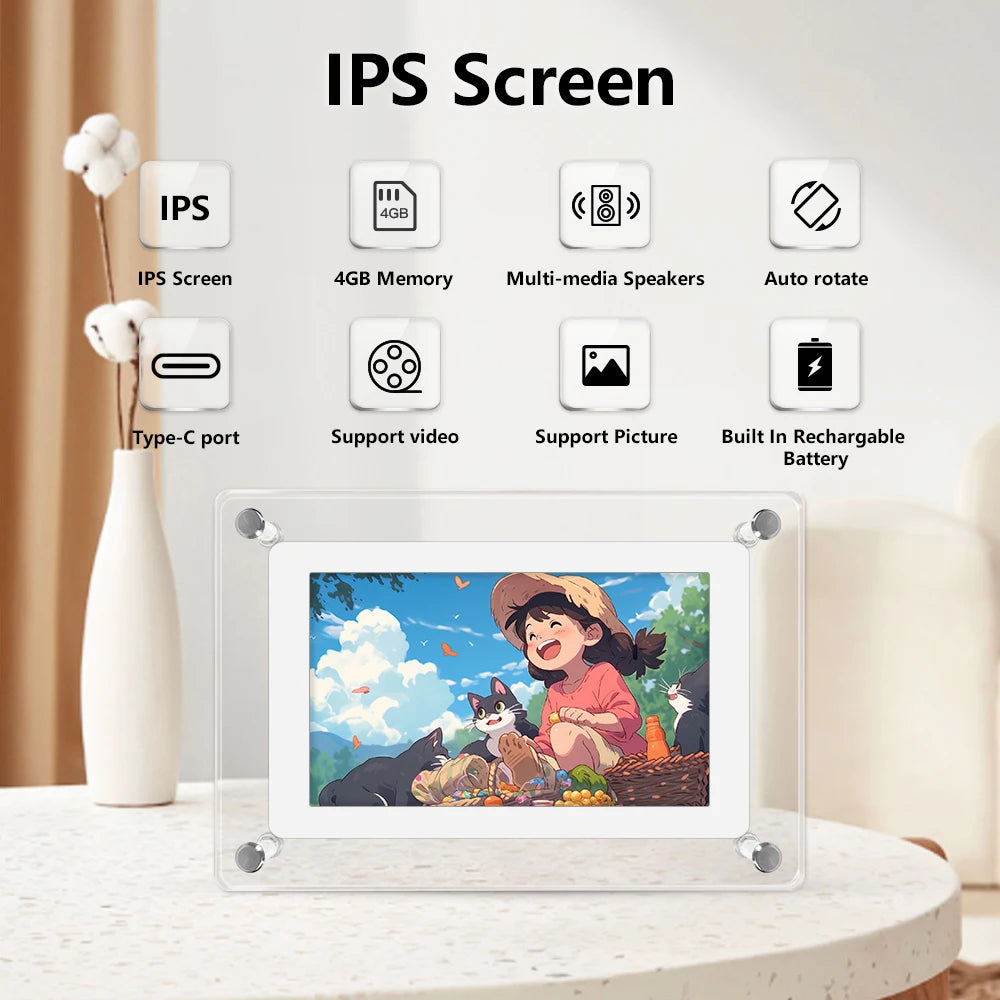 Acrylic Digital Photo Frame 5-inch (12.7 cm) & 7-inch (17.8 cm) IPS Screen 4GB Rechargeable Portable Picture Frame with Auto-Rotate