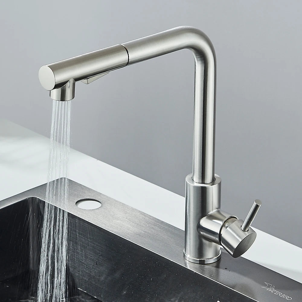 Pull-Out Kitchen Faucet Single-Handle Deck-Mount, High-Pressure Retractable Spout with Dual Spray Modes — Hot & Cold (Brushed Nickel / Matte Black)
