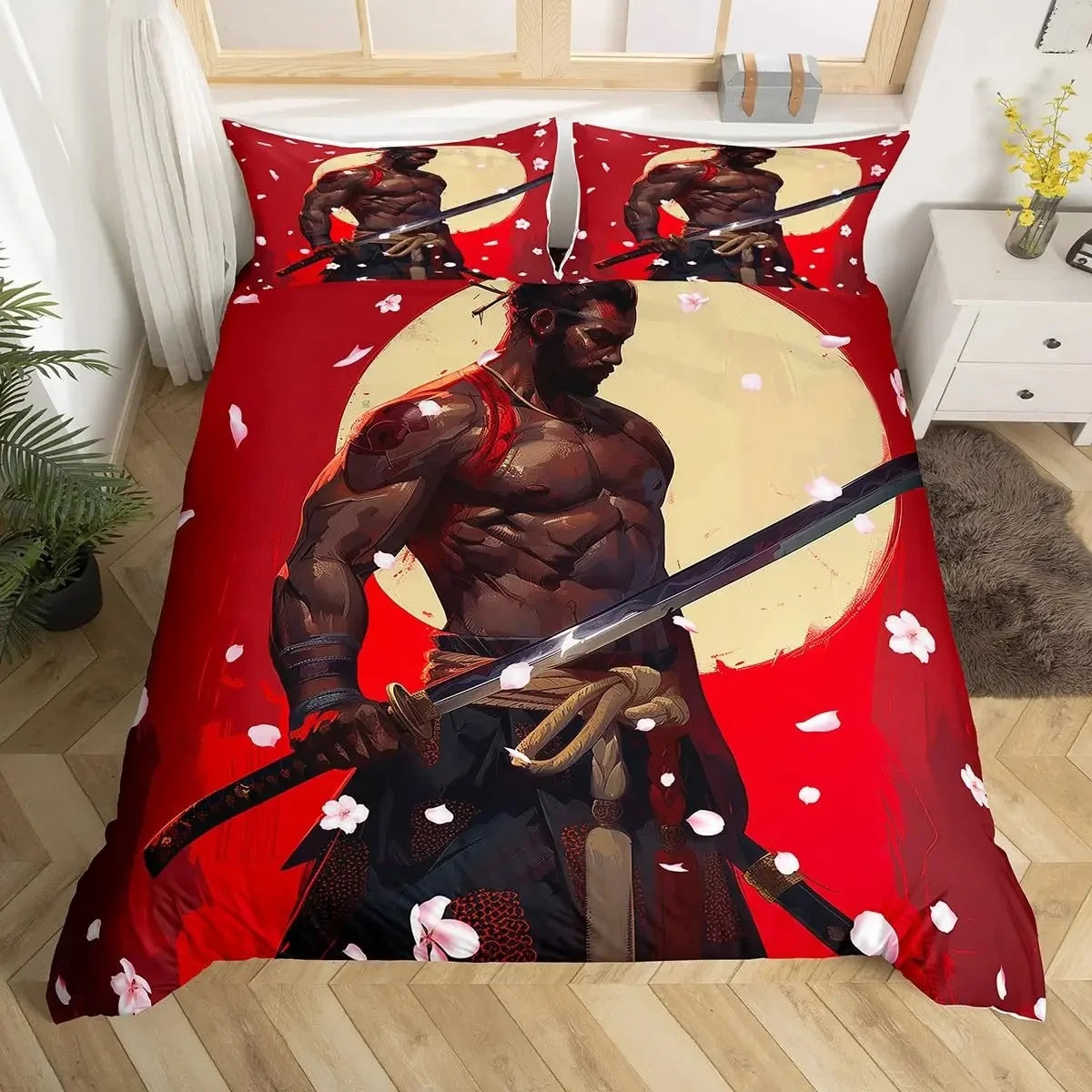 Japanese Samurai Duvet Cover Set 3-Piece - Cherry Blossoms Red Sun & Mount Fuji Print - Multiple Sizes (Twin/Full/Queen/King)
