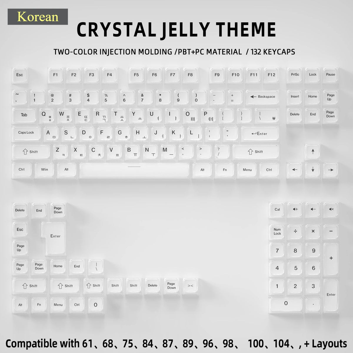 Crystal Jelly Keycap Set — Korean & English Side/Front Printed for Mechanical Keyboards | Pink, White & Blue — Fits 60%, 75%, 80%, 100% and Common Layouts