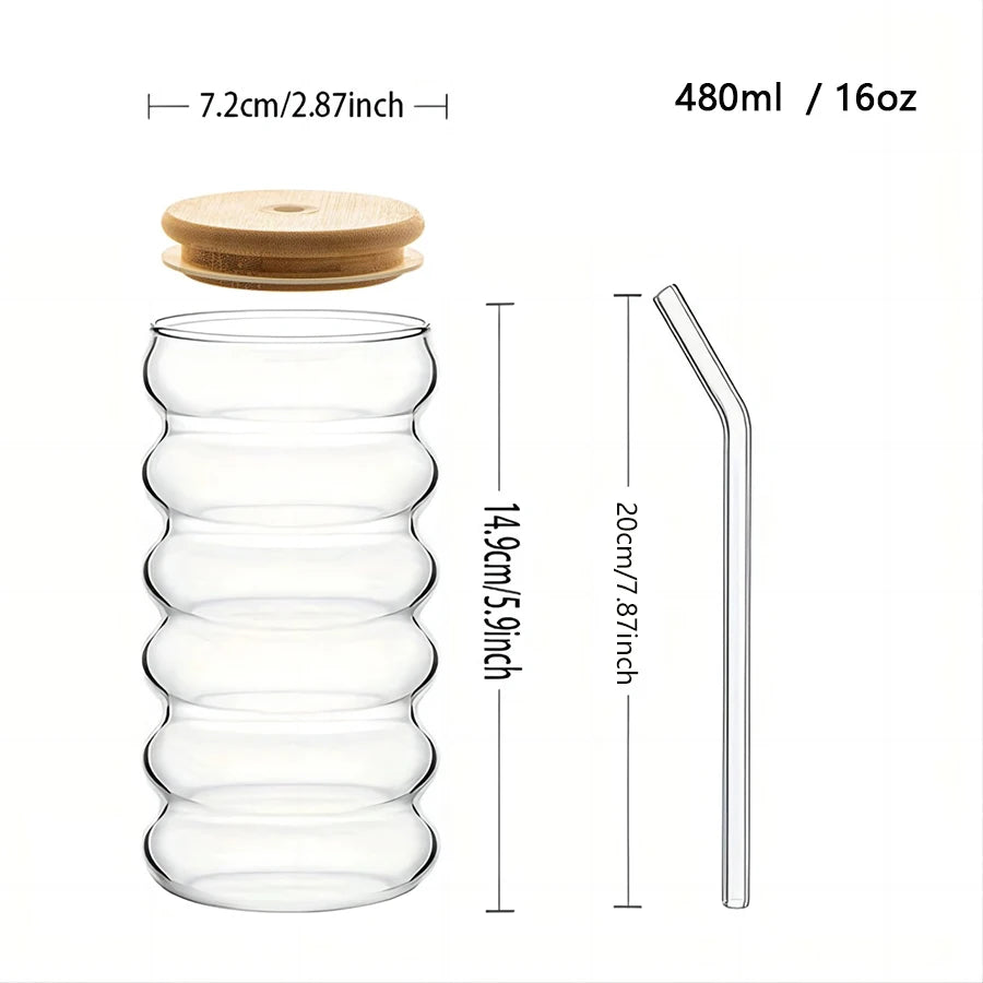 480ml (16.2 fl oz) High Borosilicate Glass Tumbler with Bamboo Lid & Straw Reusable Iced Coffee Cup