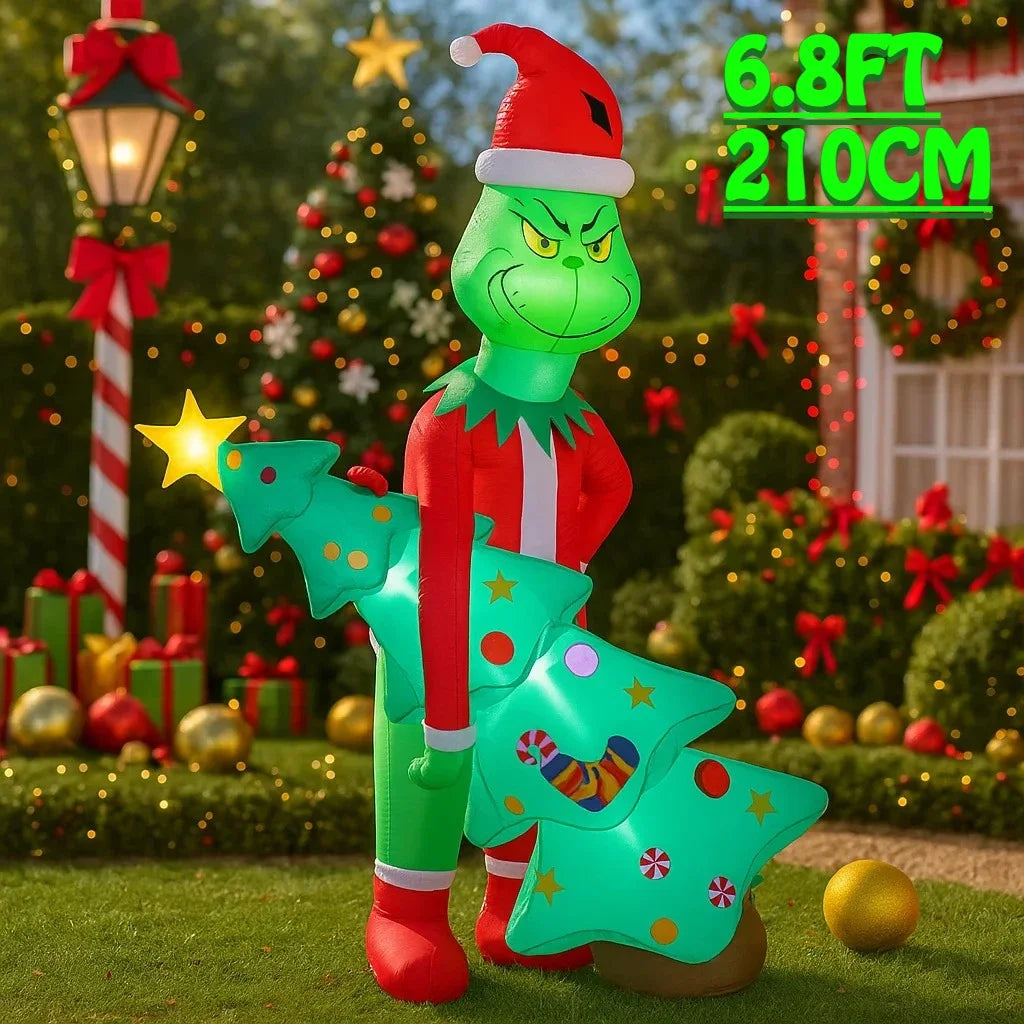 6.8 ft (2.07 m) Grinch Holding Christmas Tree Inflatable Yard Decoration – Outdoor Holiday Decor, Plug-In Inflatable