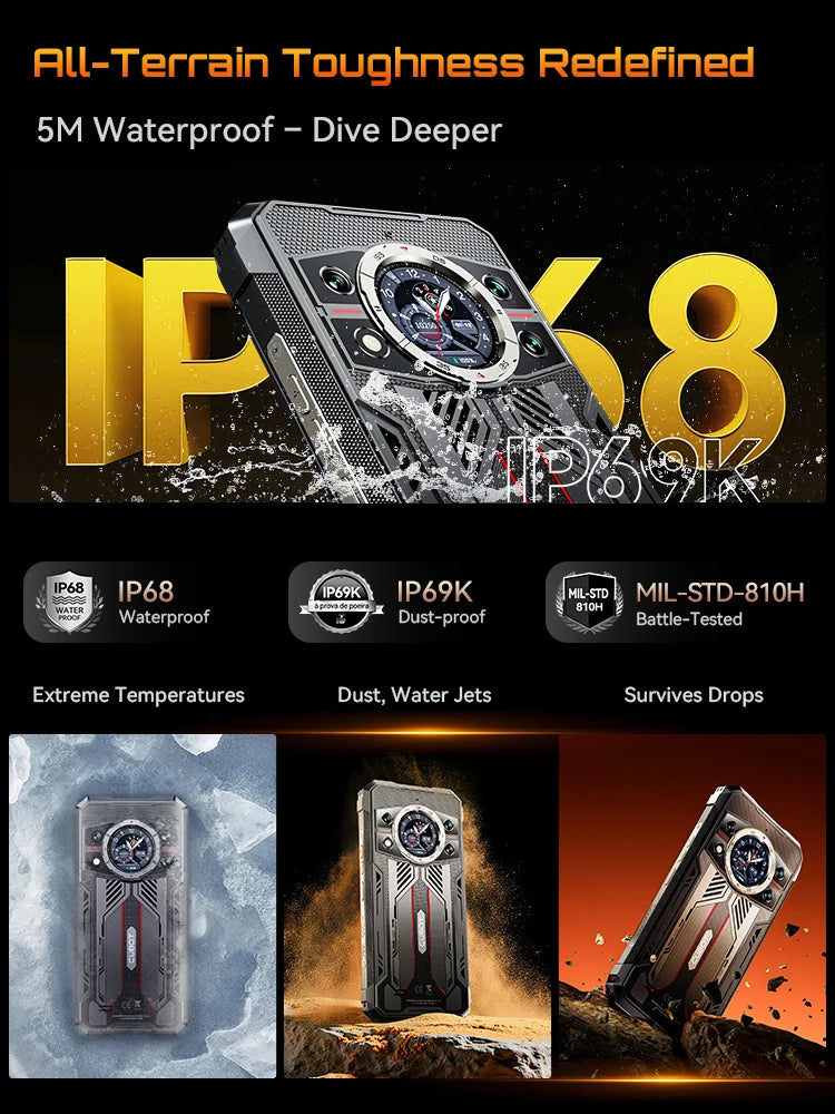 Rugged 5G Smartphone – 10200mAh Battery, Dimensity 7025 2.5GHz, 32GB RAM (16+16 Ext), 256GB Storage, 108MP Triple Camera, 6.72-inch FHD+ 120Hz, IP68/IP69K