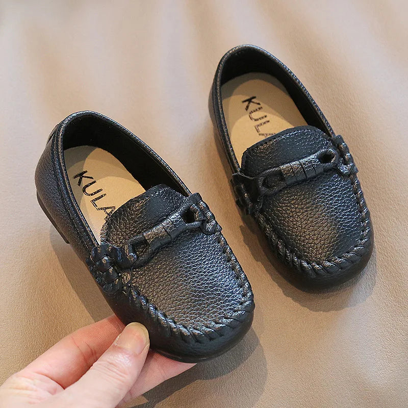 Kids Black & White PU Leather Slip-On Loafers — Formal School Party Moccasins (EU 21-30)