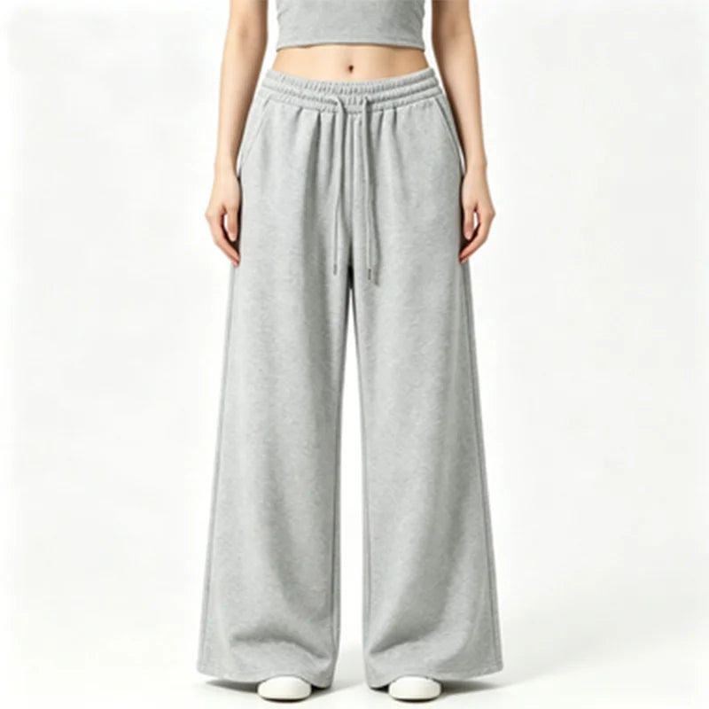 Harajuku Wide-Leg Sweatpants for Women – Oversized High-Waist Gray Drawstring Joggers