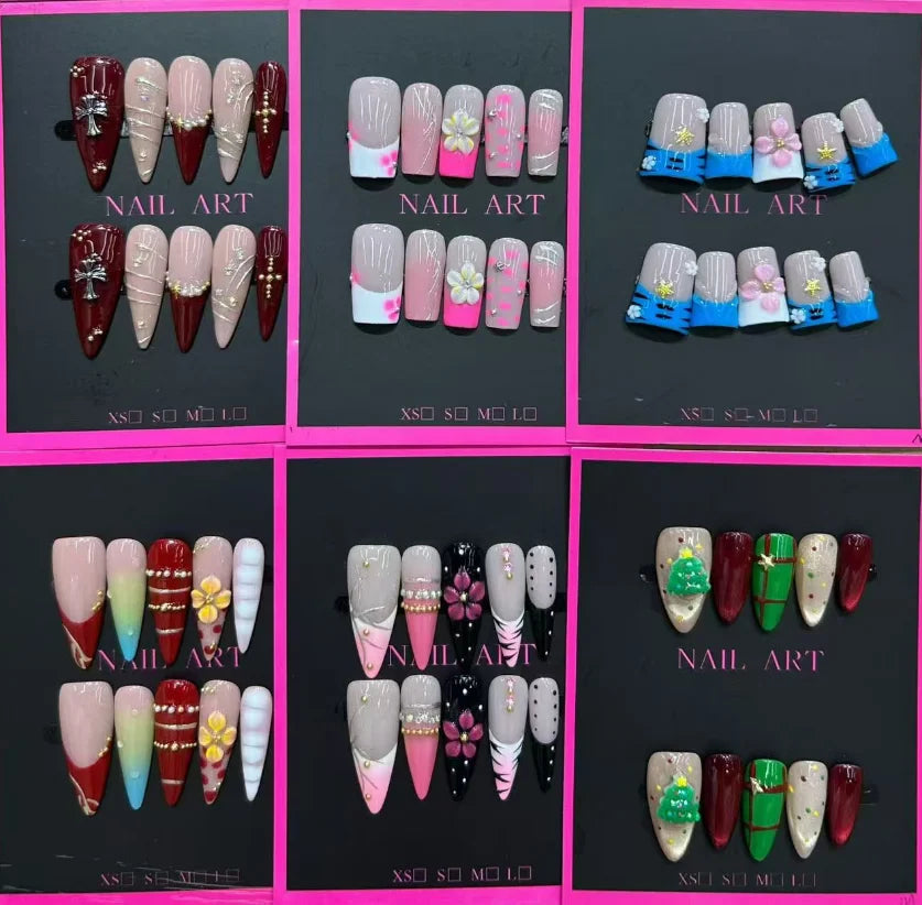 Handmade Mixed-Style Press-On Nails, Assorted False Nail Tips with Random Designs for Women